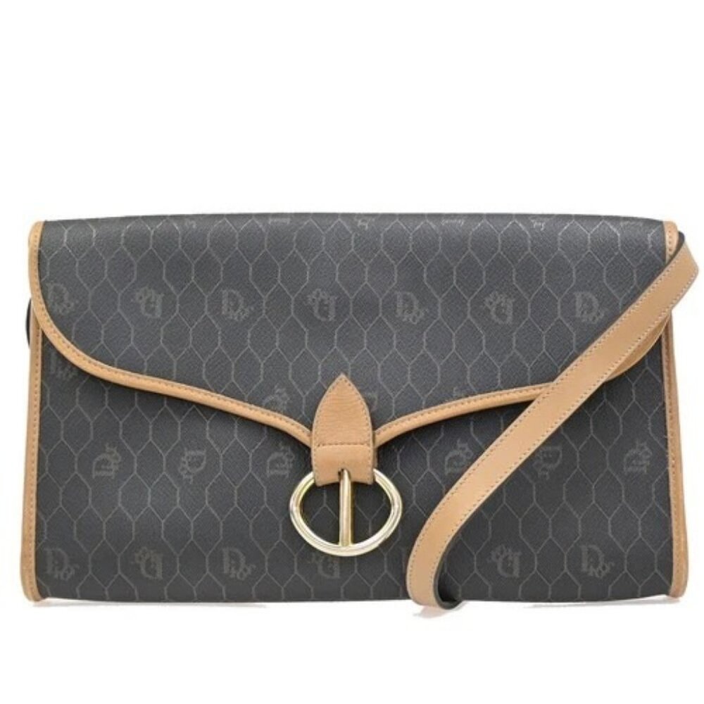 CHRISTIAN DIOR Honeycomb Chain Shoulder Bag PVC Leather Brown Gray GHW 39EG208 - Picture 1 of 14